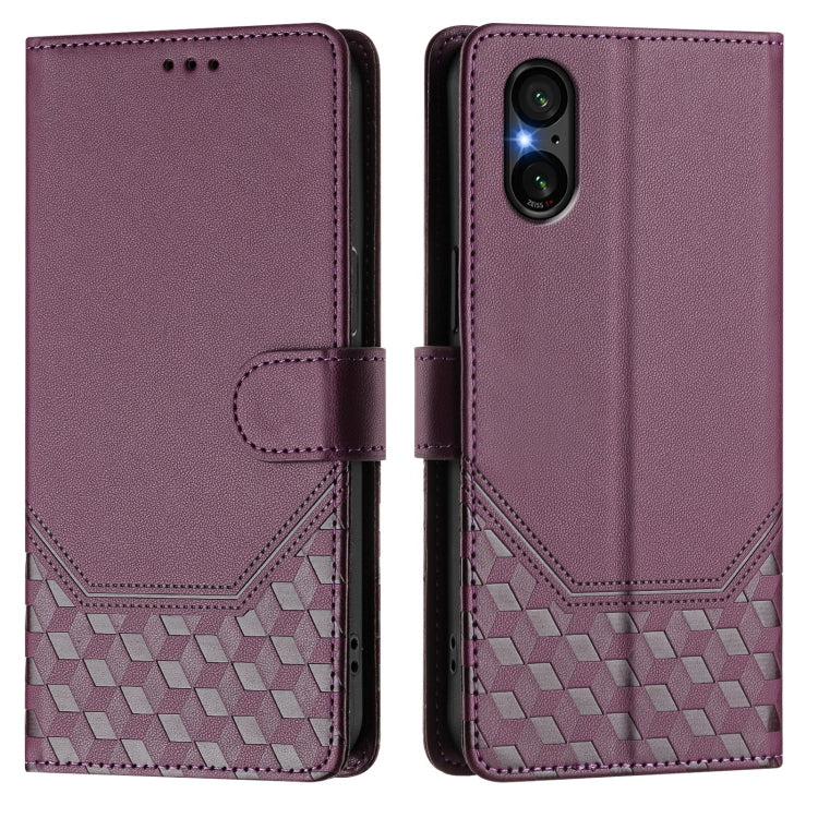 Funda de Cuero RFID con Relieve en Panal para Sony Xperia 5 V (Violeta)