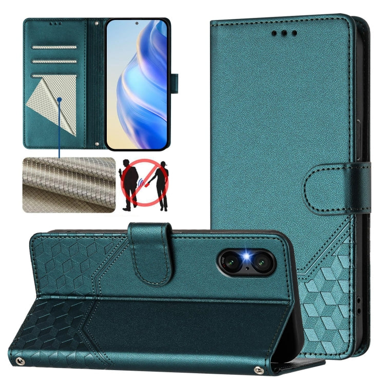 Funda de Cuero Rfid con Relieve en Panal para Sony Xperia 5 Vi (2024) (Verde Pavo Real)