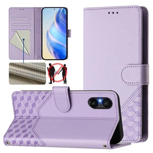 Funda de Cuero Rfid con Relieve en Panal para Sony Xperia 5 Vi (2024) (Morado Claro)