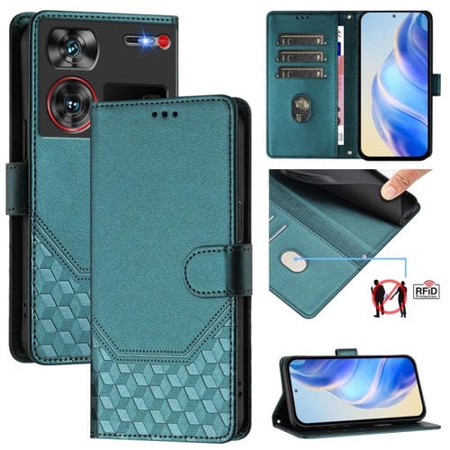 Funda de Cuero Rfid con Relieve en Panal para ZTE Nubia Z60 Ultra (Verde Pavo Real)