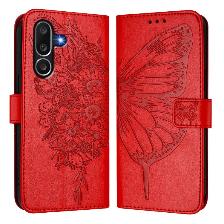 Funda de piel con diseño de mariposa en relieve para Samsung Galaxy M56 5G (roja)