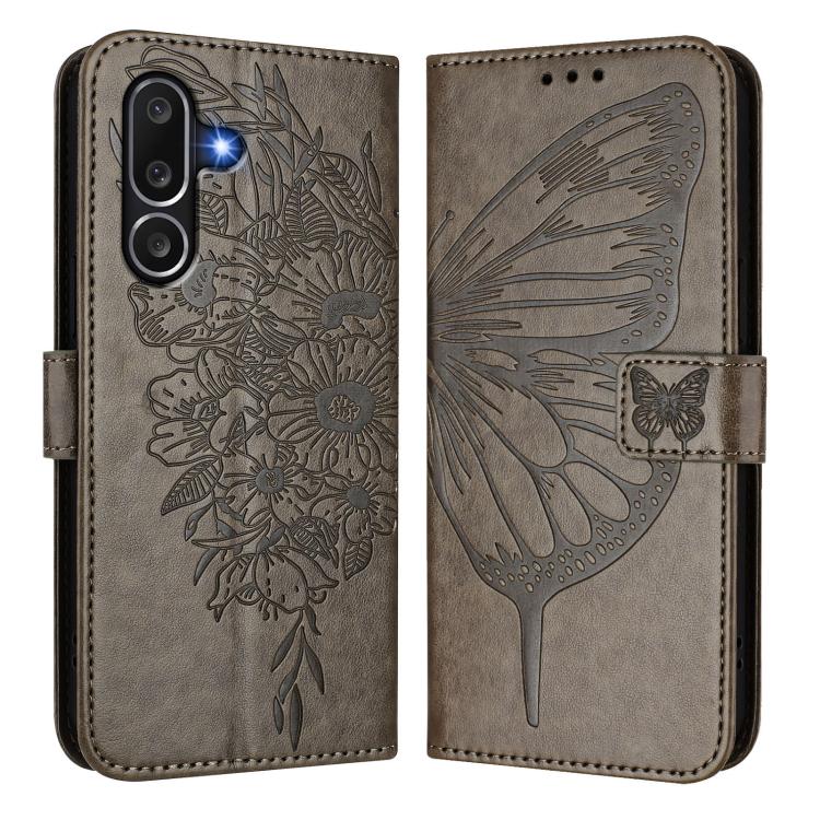 Funda de piel con diseño de mariposa en relieve para Samsung Galaxy M56 5G (gris)