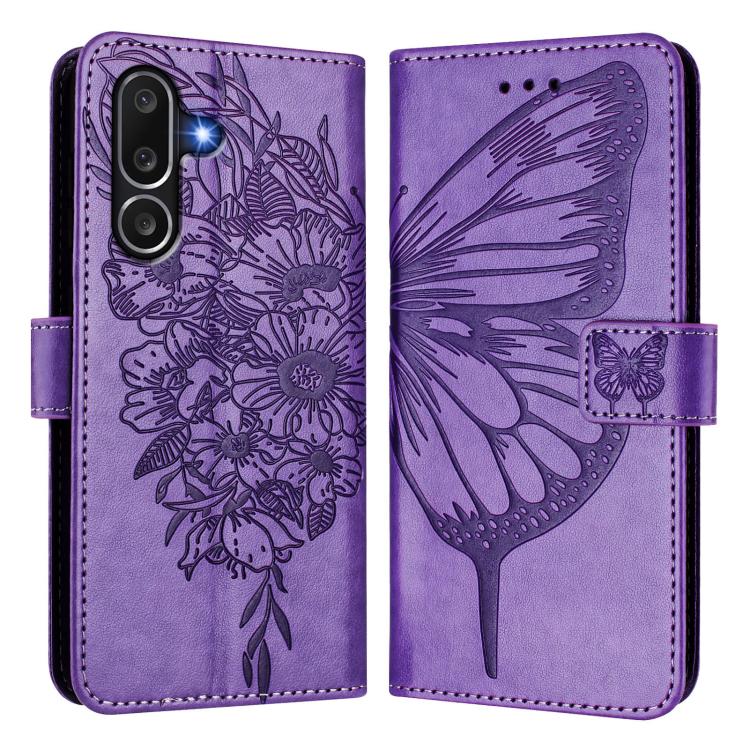 Funda de piel con diseño de mariposa en relieve para Samsung Galaxy M56 5G (morada)