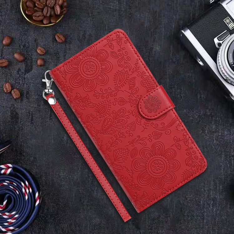Funda de Cuero para iPhone 16E Estampado Floral En Relieve (Rojo)