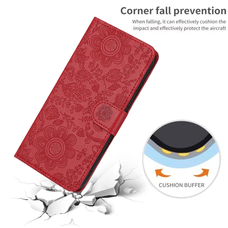 Funda de Cuero para iPhone 16E Estampado Floral En Relieve (Rojo)