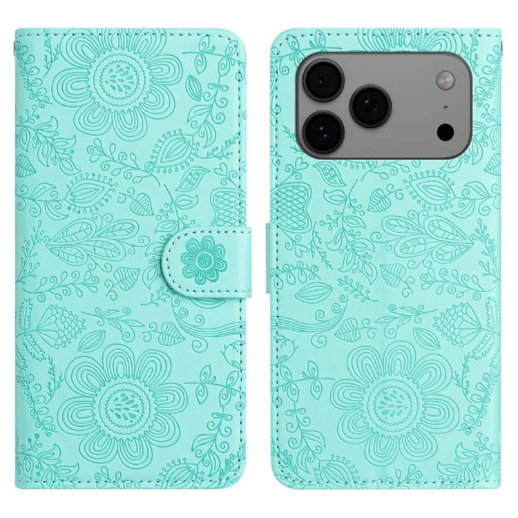 Funda de piel con estampado floral en relieve para iPhone 17 Pro (verde claro)