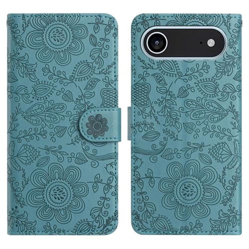 Funda de cuero con estampado floral en relieve para iPhone 17 Air (verde oscuro)