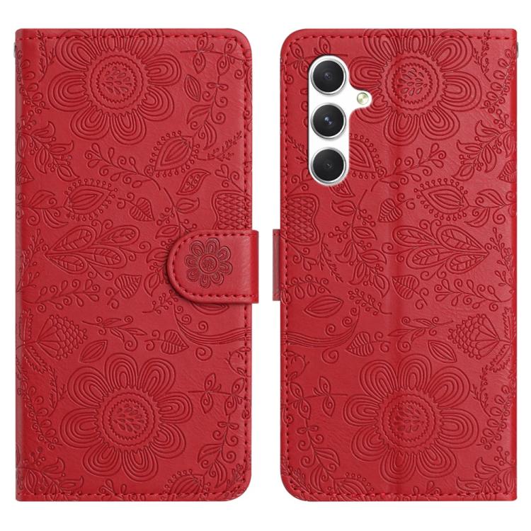 Funda de cuero con estampado floral en relieve para Samsung Galaxy S25 FE 5G (roja)