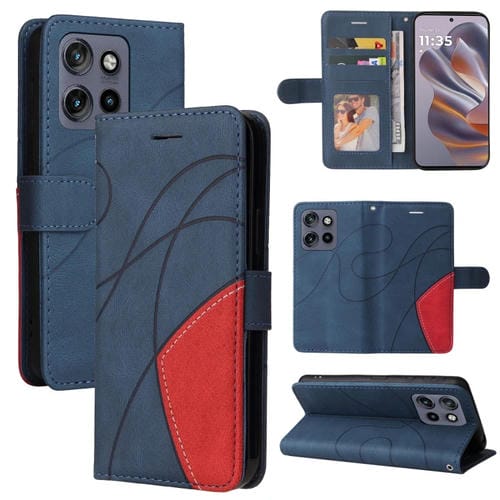 Funda de Cuero con Tapa y Dos Colores para Motorola Edge 50 Neo (Azul)
