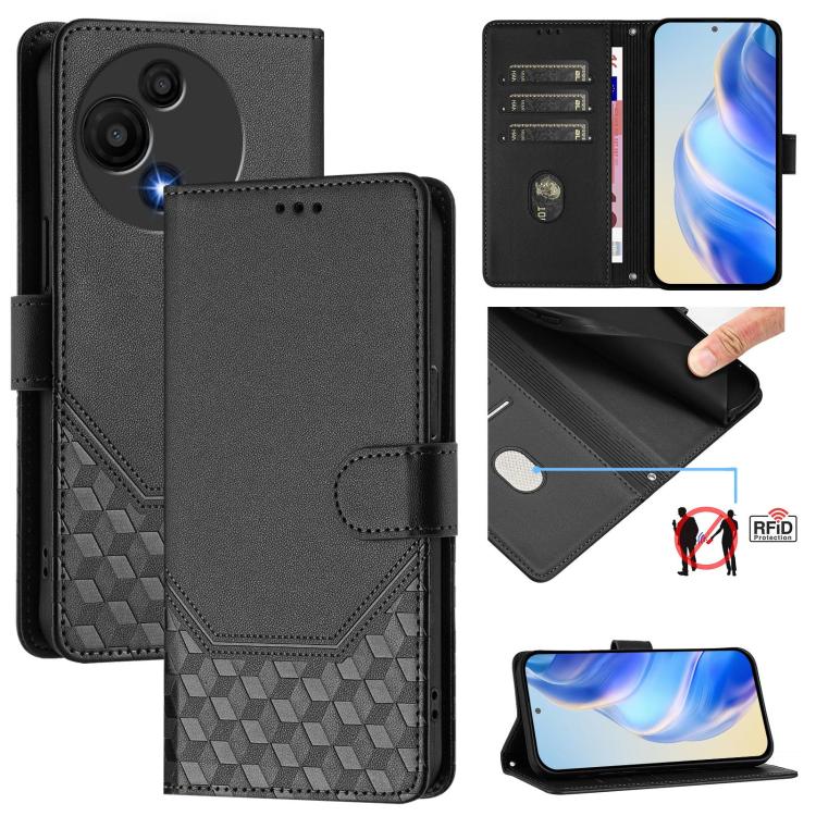 Funda de cuero con relieve de panal RFID para TCL 605/60 SE (negra)