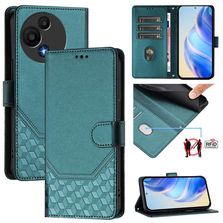 Funda de cuero RFID con relieve de panal para TCL 605/60 SE (verde pavo real)