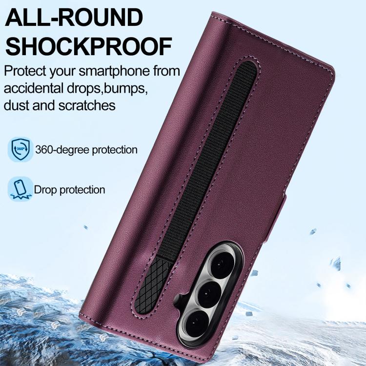 Funda de PU con textura fina esmerilada para Samsung Galaxy Z Fold7 5G LC.IMEEKE L1 Series con ranura para bolígrafo (no incluye bolígrafo) (morado)