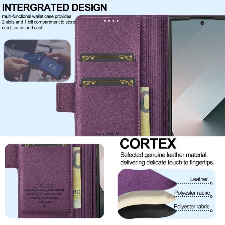 Funda de PU con textura fina esmerilada para Samsung Galaxy Z Fold7 5G LC.IMEEKE L1 Series con ranura para bolígrafo (no incluye bolígrafo) (morado)