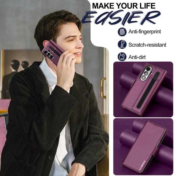 Funda de PU con textura fina esmerilada para Samsung Galaxy Z Fold7 5G LC.IMEEKE L1 Series con ranura para bolígrafo (no incluye bolígrafo) (morado)