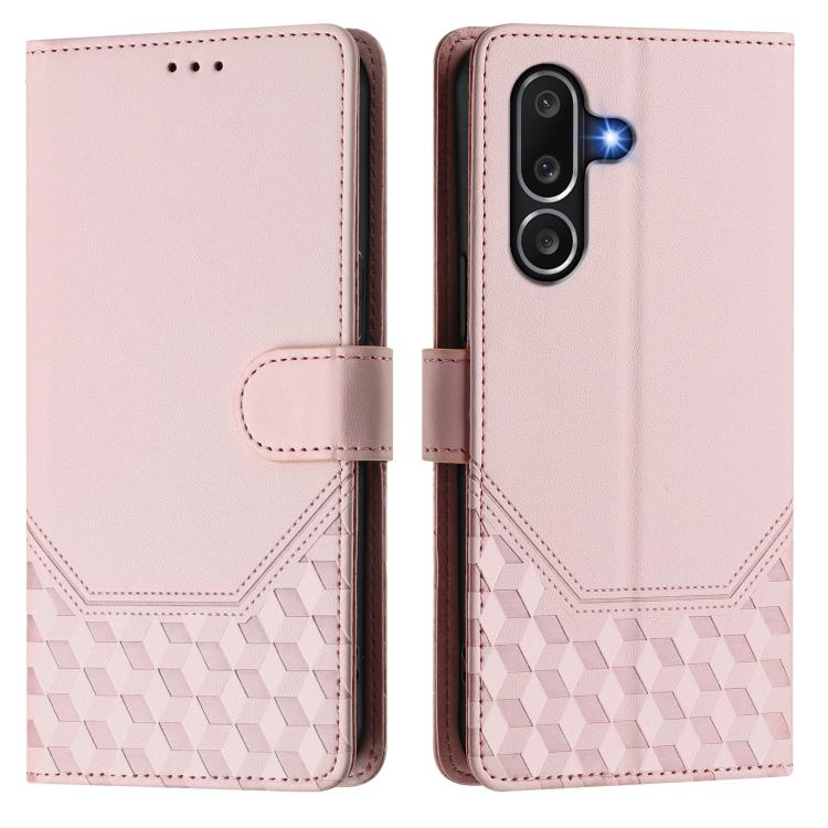 Funda de cuero con relieve de panal RFID para Samsung Galaxy M56 5G (rosa)