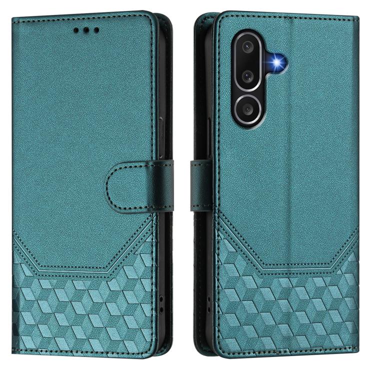 Funda de piel con relieve de panal RFID para Samsung Galaxy M56 5G (verde pavo real)