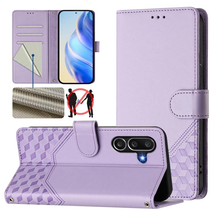 Funda de cuero con relieve de panal RFID para Samsung Galaxy M56 5G (morado claro)