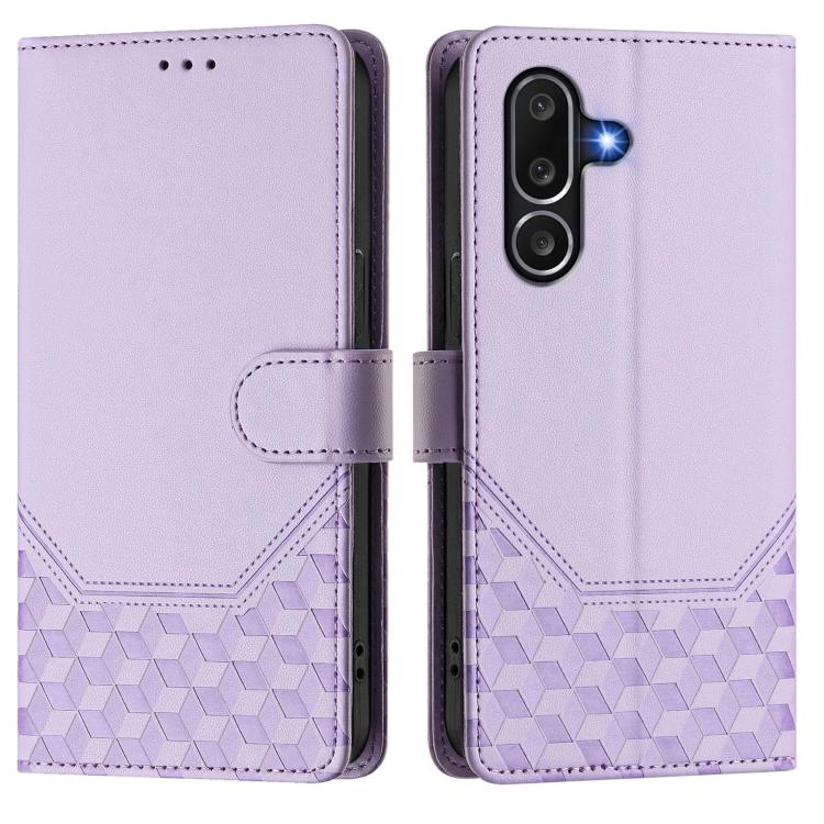 Funda de cuero con relieve de panal RFID para Samsung Galaxy M56 5G (morado claro)
