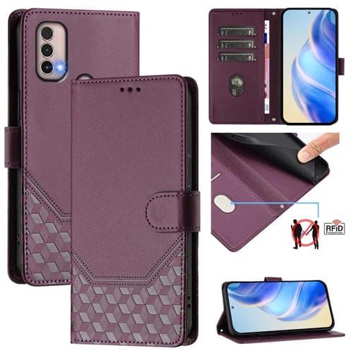 Funda de Cuero Rfid con Relieve en Panal para Motorola Moto E40/E30/E20 (Violeta)