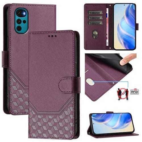 Funda de Cuero Rfid con Relieve en Panal para Motorola Moto E32 India/G22 4G (Violeta)
