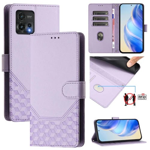 Funda de Cuero Rfid con Relieve en Panal para Motorola Moto G72 (Morado Claro)