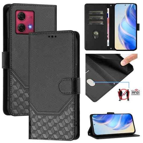 Funda de Cuero Rfid con Relieve en Panal para Motorola Moto G84 5G (Negra)