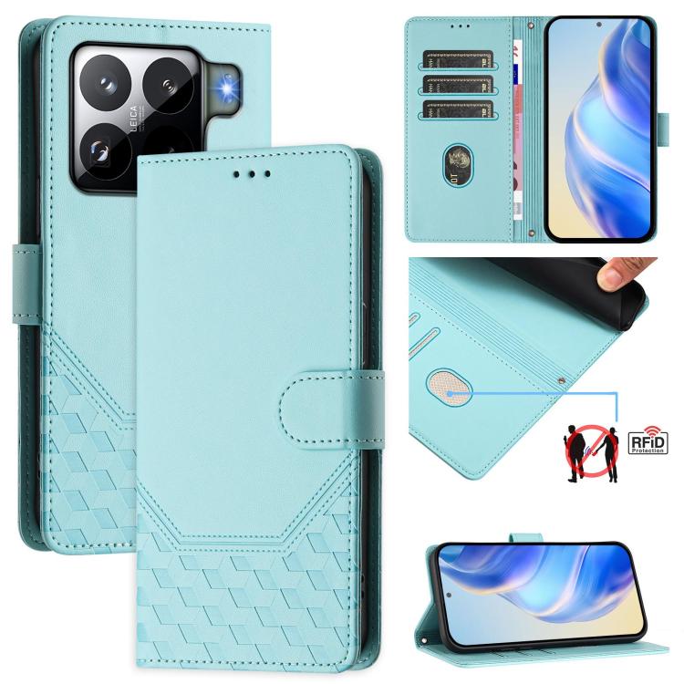 Funda de cuero con relieve de panal RFID para Xiaomi 15S Pro 5G (verde menta)