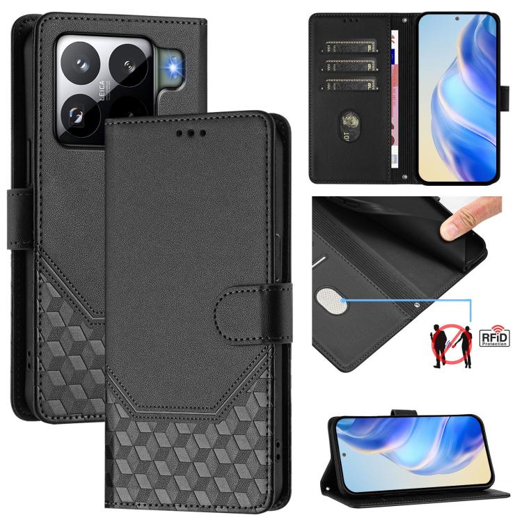 Funda de cuero con relieve de panal RFID para Xiaomi 15S Pro 5G (negra)
