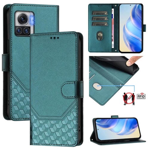 Funda de Cuero Rfid con Relieve en Panal para Motorola Edge 30 Ultra/Moto X30 Pro (Verde Pavo Real)