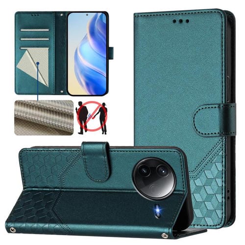 Funda de Cuero Rfid con Relieve de Panal para Redmi K80 5G/K80 Pro 5G (Verde Pavo Real)