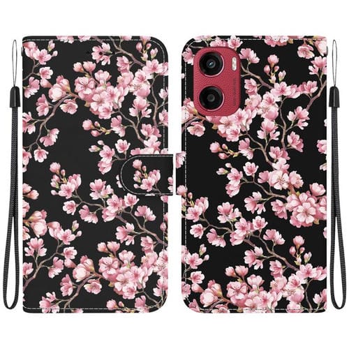 Funda de Cuero para Motorola Moto G05/E15 con Dibujo de Colores y Textura de Cristal (Flor de Ciruelo)