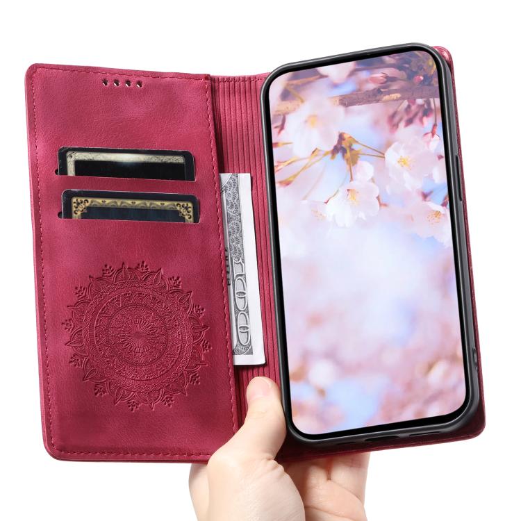 Funda de cuero magnético con relieve Totem para Samsung Galaxy S25 FE 5G (roja)