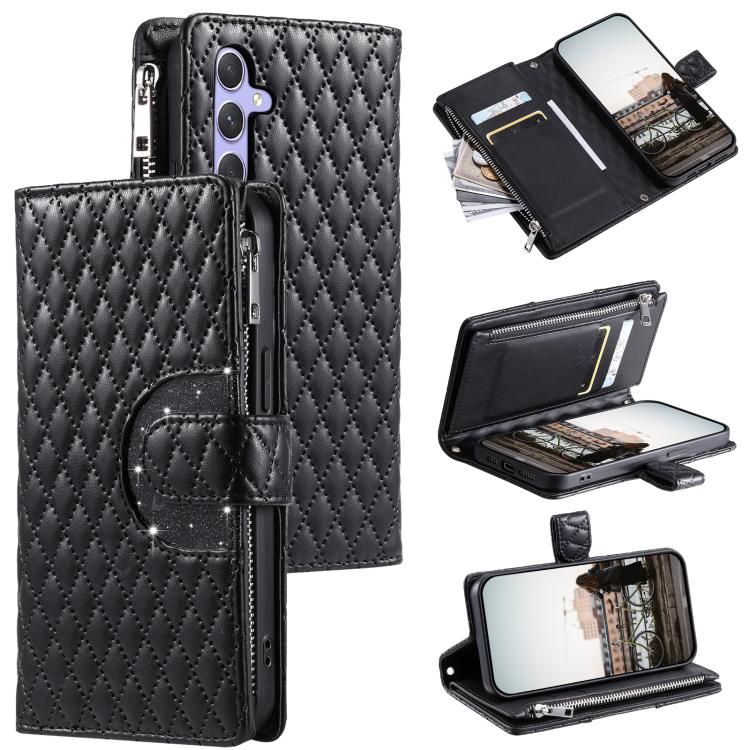 Funda de cuero tipo billetera con cremallera y diseño de celosía brillante para Samsung Galaxy S25 FE 5G (negra)