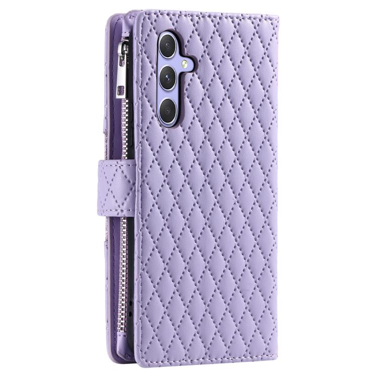 Funda de cuero tipo billetera con cremallera y diseño de celosía brillante para Samsung Galaxy S25 FE 5G (morado)