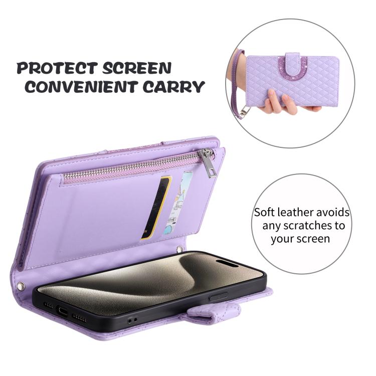Funda de cuero tipo billetera con cremallera y diseño de celosía brillante para Samsung Galaxy S25 FE 5G (morado)