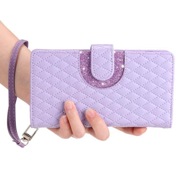Funda de cuero tipo billetera con cremallera y diseño de celosía brillante para Samsung Galaxy S25 FE 5G (morado)