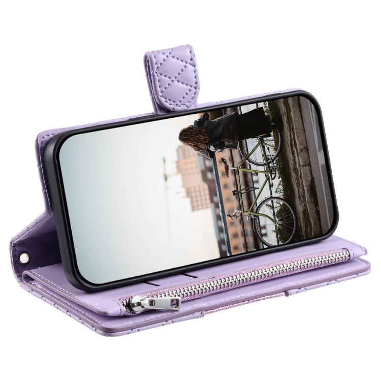 Funda de cuero tipo billetera con cremallera y diseño de celosía brillante para Samsung Galaxy S25 FE 5G (morado)