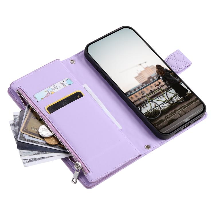 Funda de cuero tipo billetera con cremallera y diseño de celosía brillante para Samsung Galaxy S25 FE 5G (morado)