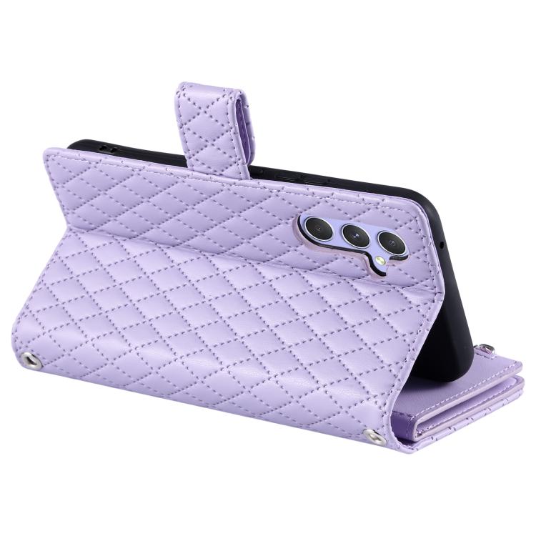 Funda de cuero tipo billetera con cremallera y diseño de celosía brillante para Samsung Galaxy S25 FE 5G (morado)