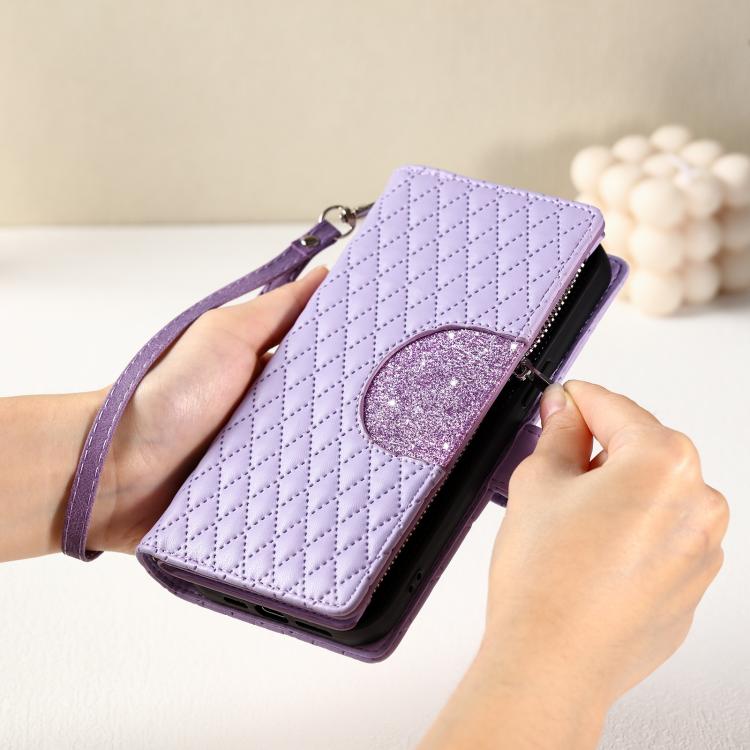 Funda de cuero tipo billetera con cremallera y diseño de celosía brillante para Samsung Galaxy S25 FE 5G (morado)