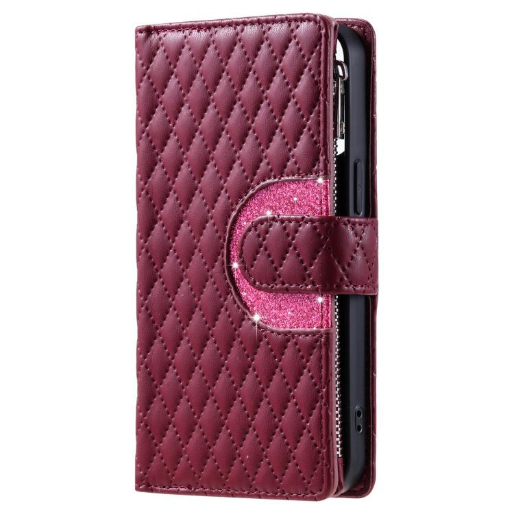 Funda de cuero tipo billetera con cremallera y diseño de celosía brillante para Samsung Galaxy S25 FE 5G (rojo vino)