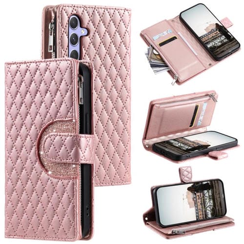 Funda de cuero tipo billetera con cremallera y diseño de celosía brillante para Samsung Galaxy S25 FE 5G (oro rosa)