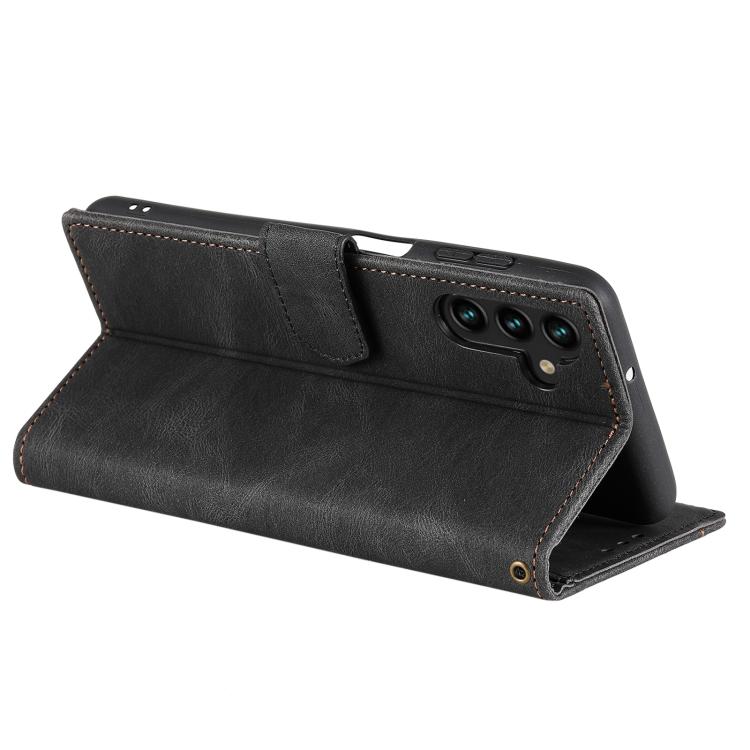 Funda de piel de becerro con costuras y tacto de piel de uña para Samsung Galaxy S25 FE 5G (negra)