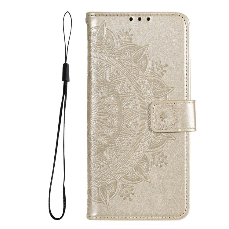 Funda de cuero con relieve de flor tótem y cordón para Samsung Galaxy S25 FE 5G (dorada)