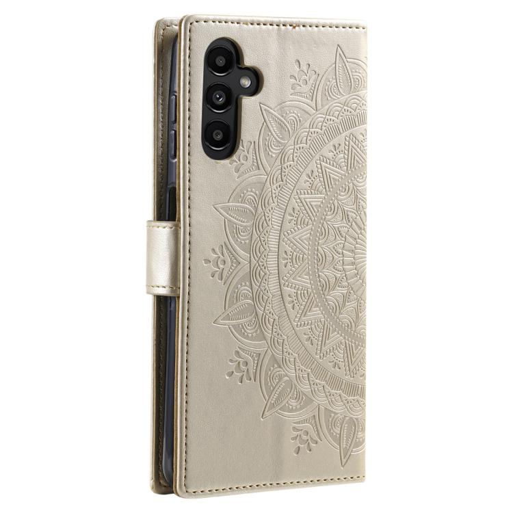 Funda de cuero con relieve de flor tótem y cordón para Samsung Galaxy S25 FE 5G (dorada)