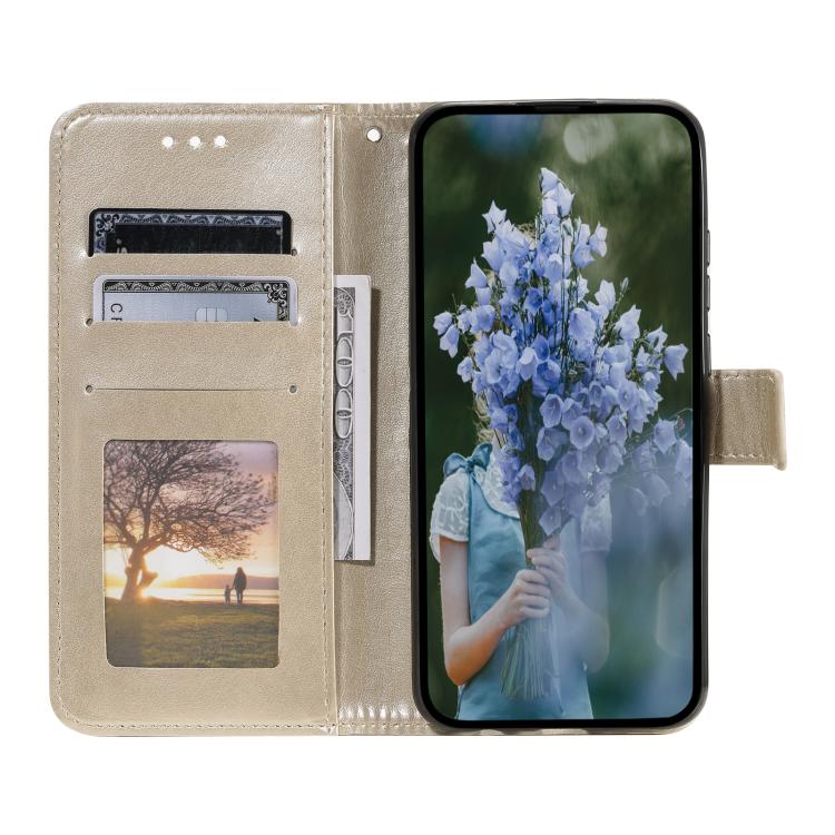 Funda de cuero con relieve de flor tótem y cordón para Samsung Galaxy S25 FE 5G (dorada)