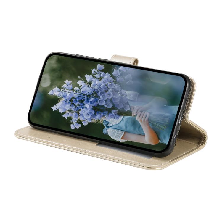 Funda de cuero con relieve de flor tótem y cordón para Samsung Galaxy S25 FE 5G (dorada)