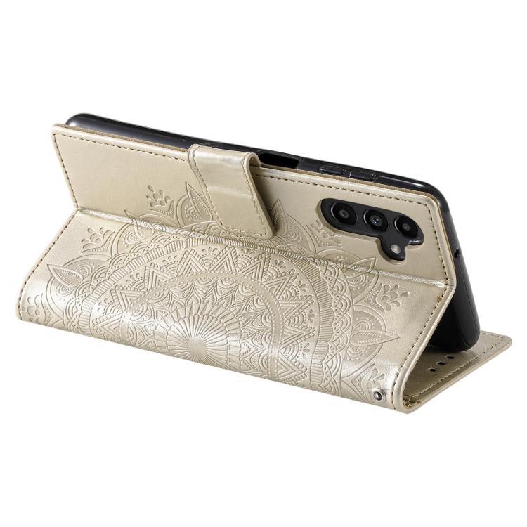 Funda de cuero con relieve de flor tótem y cordón para Samsung Galaxy S25 FE 5G (dorada)