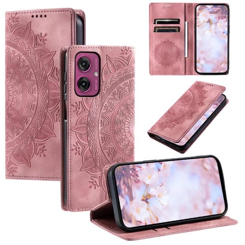 Funda de Cuero Magnética con Relieve Totem para Motorola Moto G55 (Oro Rosa)