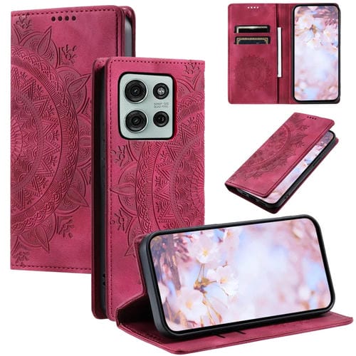 Funda Cuero Magnética con Relieve Totem para Motorola Moto G75 5G (Rojo)